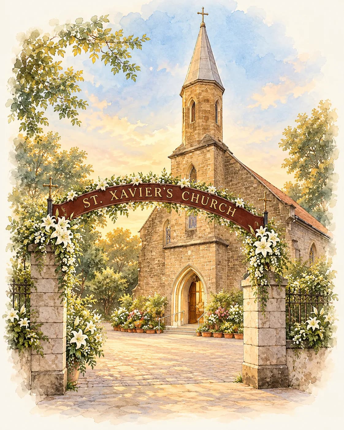 Watercolour of St. Xavier's Church, Camp: a stone church with a tall spire behind an arched gate sign